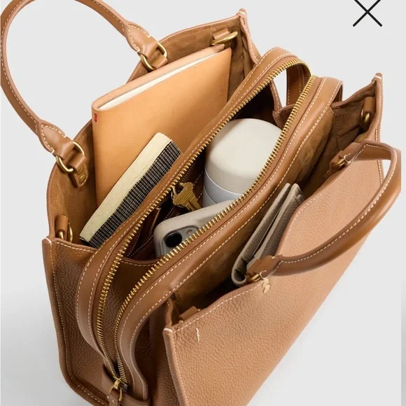 QUINCE Italian Leather Cognac Medium Convertible Satchel Bag - Picture 6 of 13